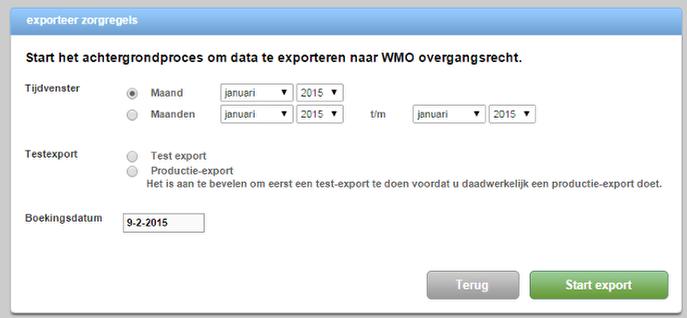 Klik op 'Start export'. Het onderstaande scherm verschijnt. Vul hier de gewenste variabelen in en klik op 'Start export' Na voltooiing van de export verschijnt deze bij 'Laatst gedraaide exports.