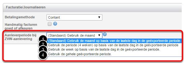 Achter de tekst "Aanleverperiode bij ZVW-aanlevering" is de instelling aan te passen. Hierbij zijn 4 opties aanwezig. 1. Dit is de standaard instelling. Bij niet wijzigen; kies deze.