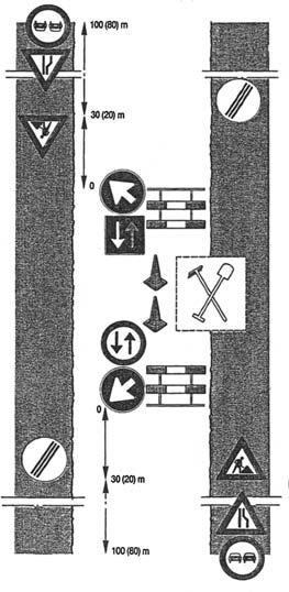 Fig. 1.8 Voorbeeld van bebakening bij onttrekking van een helft van een weg met een iets drukker karakter, en een ligging buiten de bebouwde kom. Vragen 1.5 Beantwoord de onderstaande vragen.