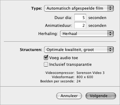 QuickTime U kunt uw diavoorstelling omzetten in een QuickTime-film die alle overgangen en objectanimaties bevat.