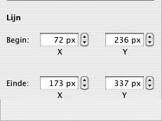 Om de positie van een lijn nauwkeurig in te stellen, gaat u als volgt te werk: 1 Selecteer de lijn. 2 Typ in het infovenster 'Formaat' de X- en Y-coördinaat van het begin- en eindpunt van de lijn.