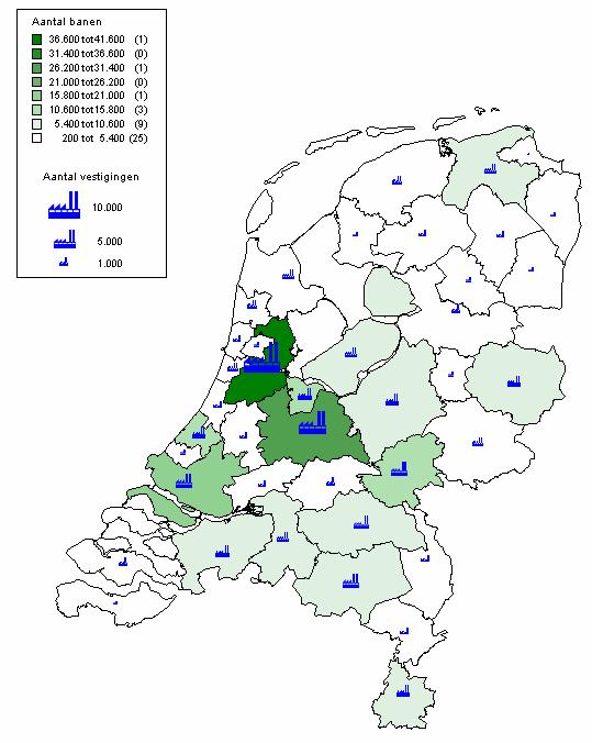 Als we de absolute aantallen bekijken, verschijnt een ander beeld van. De Noordvleugel Randstad springt nog steeds boven de rest van Nederland uit, maar ook Rotterdam komt positief naar voren.