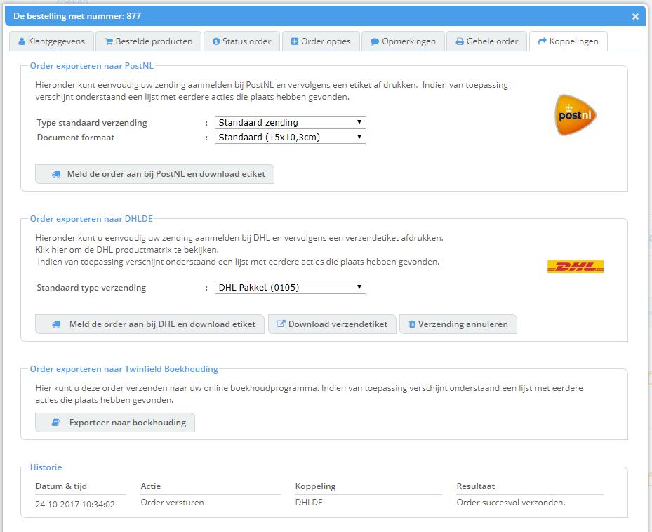 Nadat de order is aangemeld, wordt automatisch het verzendetiket gedownload.