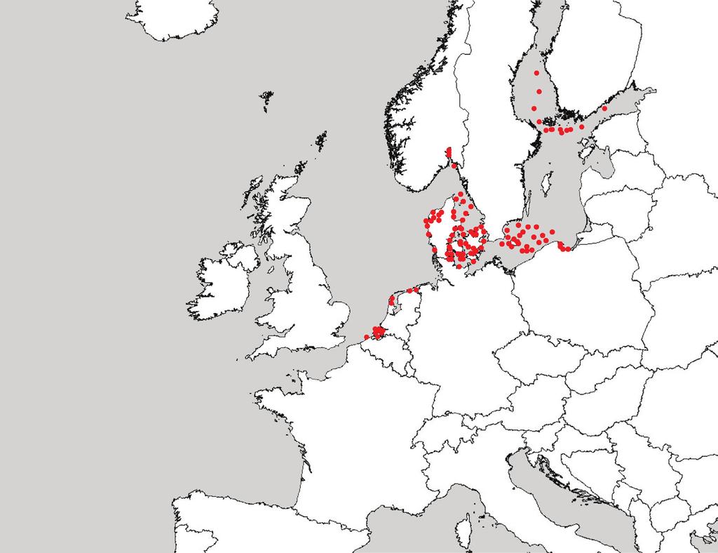 Fig. 2. Waarnemingen van de Amerikaanse langlob-ribkwal in Noordwest Europa volgens Faasse & Bayha, 2006; Hansson, 2006; Huwer et al., 2008; Janas & Zgrundo, 2007; Kerckhof, 2007; Lehtiniemi et al.