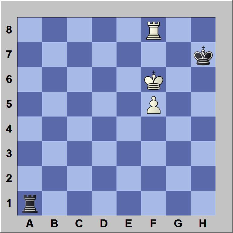 de sleutelzet 4...Ta1 en dreigt eeuwig schaak te geven. Dit idee werkt omdat de toren aan de lange kant schaak kan geven van ver weg. (8) De toren gaat naar de lange kant.