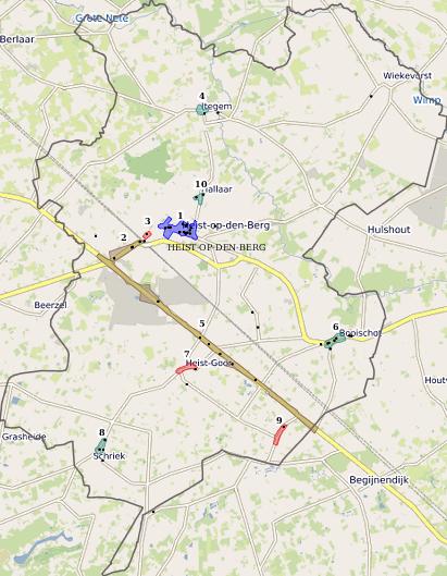 Winkelaanbod op kaart voor leegstand voor HEISTOPDENBERG, 2017 1) Centrum HeistopdenBerg (Hoofdwinkelgebied klein) 2) Baanconcentratie Mechelsesteenweg Heist (Baanconcentratie) 3) Stationscentrum