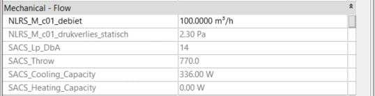 Temperatuur van toegevoerde lucht (ontwerp) Mechanical Flow: Parameternaam Type Omschrijving NLRS_M_c01_debiet Getal Luchthoeveelheid in m³/h NLRS_M_c01_drukverlies_statisch Getal Statisch