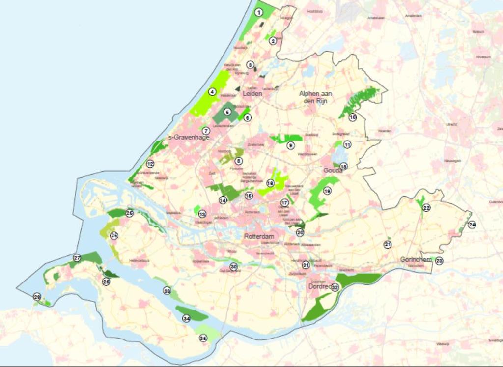 Voorgelegde kaart. Duinen tussen Katwijk en grens Zuid-Holland en Noord-Holland 2. Groengebieden omgeving Lisse 3. Groengebieden rond Leiden 4. Duinen tussen Katwijk en Den Haag 5.