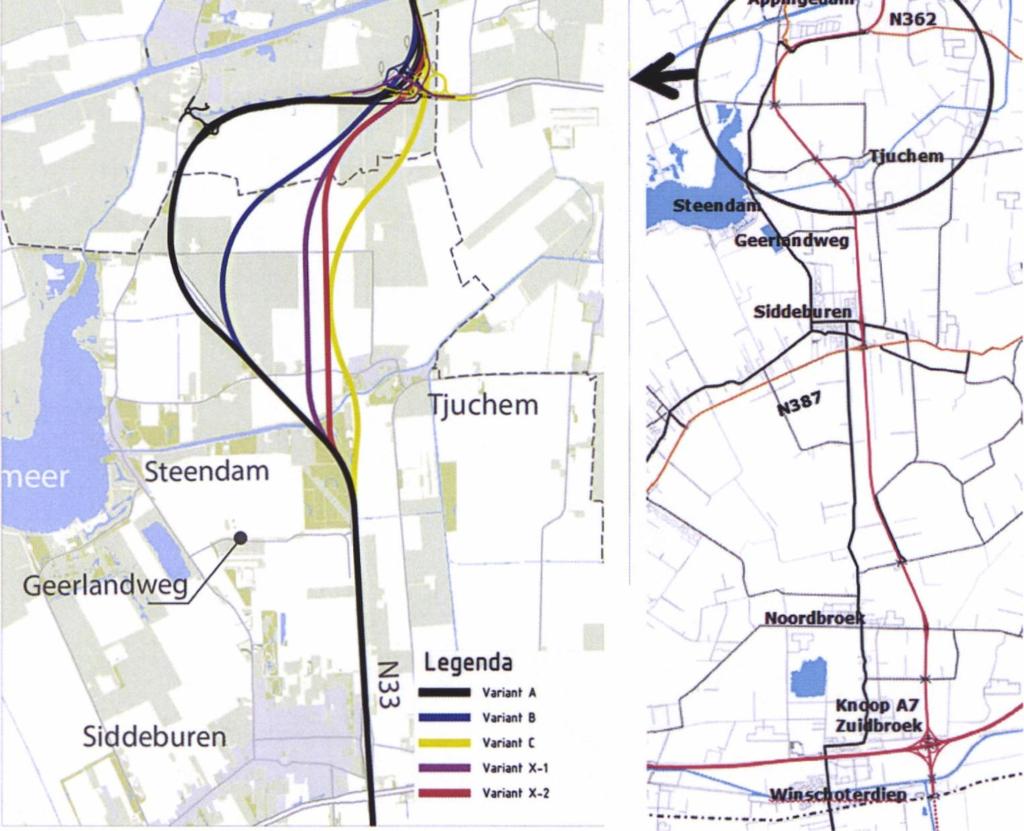 Relevante verschillen tussen A en de overige tracés zijn: Bij een nieuw tracé B, C, X1 of X2 wordt de aansluiting Woldweg (zuidkant Appingedam) gecombineerd met de aansluiting N362.