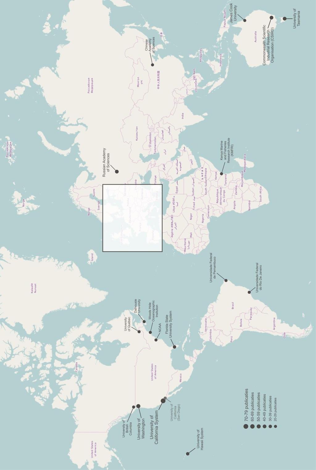 4.6 Geografische voorstelling van de buitenlandse instituten (exclusief EU) waarmee de MOGs het meest samenwerken volgens het aantal mariene peer-reviewed publicaties waaraan