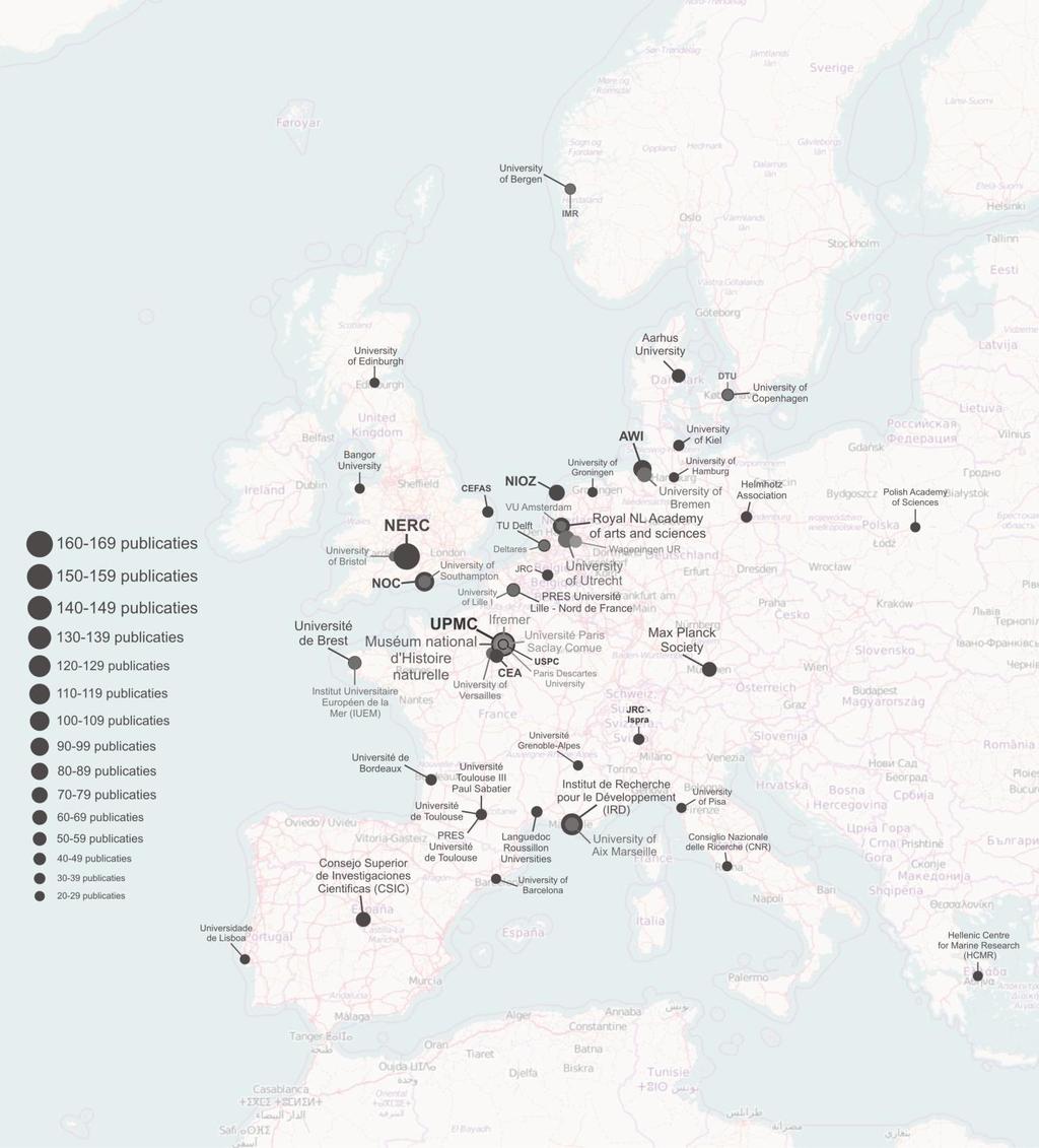 4.7 Geografische voorstelling van de EU instituten waarmee de MOGs het meest samenwerken volgens het aantal mariene peer-reviewed publicaties waaraan ook een MOG