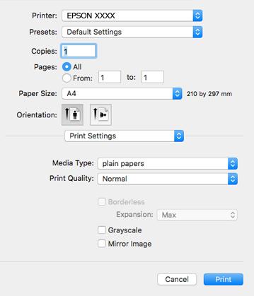 Afdrukken 5. Selecteer Printerinstellingen in het snelmenu. Als in OS X Mountain Lion of later het menu Printerinstellingen niet wordt weergegeven, is het Epsonprinterprogramma fout geïnstalleerd.