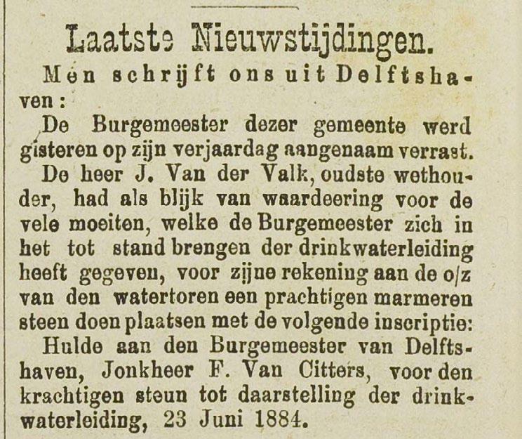 geschiedenis van Delfshaven zichtbaar, namelijk: Het feit dat Delfshaven gedurende de 19e eeuw een zelfstandige stad was; Het belang van de aansluiting op de drinkwaterleiding voor de