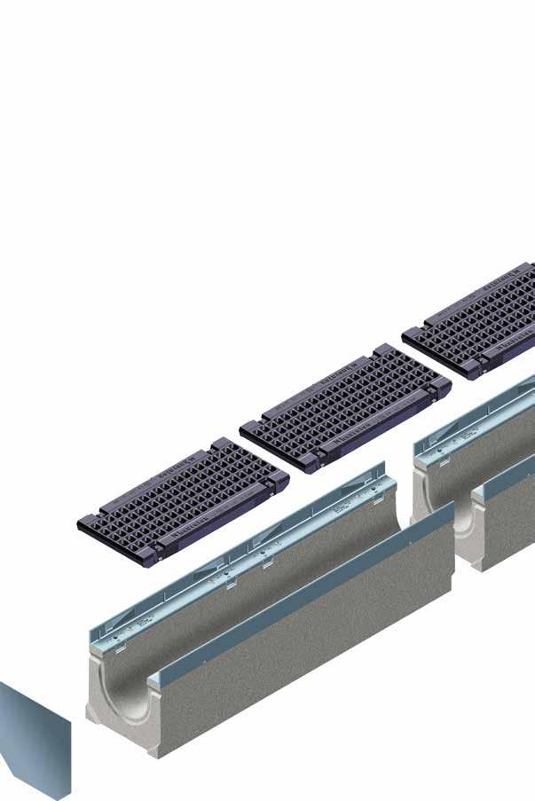 Een robuuste afvoergeul met een grote zijstabiliteit - voor zones onderhevig aan zwaar verkeer. In vezelversterkt beton voorzien van versterkte randbescherming, bevestiging van de roosters d.m.v. SIDE-LOCK en optioneel d.