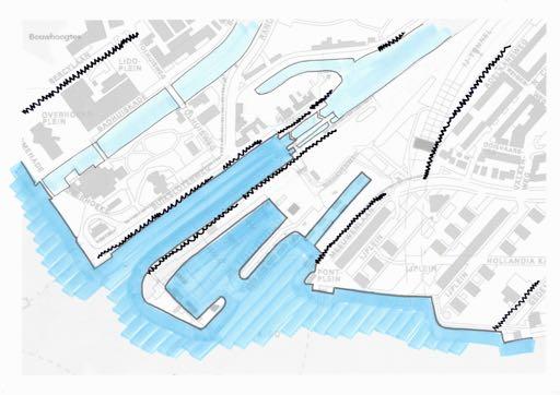 1.2 IJ-oeverzone Tolhuis-/Sixhavengebied: bomenlijnen en lanen Opeenvolgende bomenrijen markeren de ingang van het Noordhollandsch Kanaal en de parallel daaraan gelegen insteekhavens.