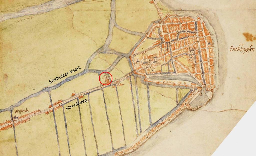 Afb. 2 De vermoedde locatie van het plangebied (rode cirkel) op de kaart van Jacob van Deventer uit omstreeks 1560. De bebouwing is op de kaart aangegeven in rood, de straten als witte lijnen.
