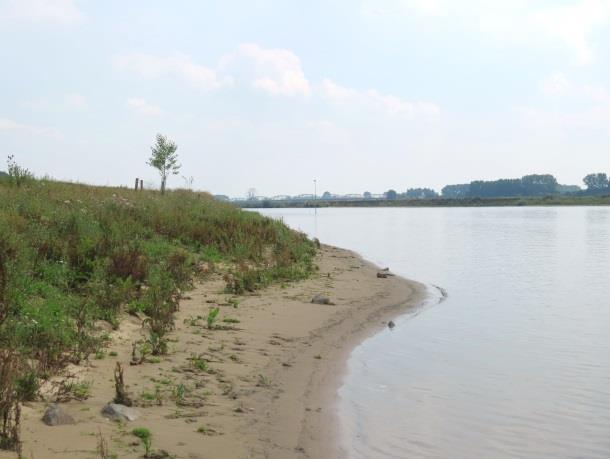 Grote delen van de oever waren weggegraven; er was een brede zone nieuw water ontstaan en de oever was verder landinwaarts gelegd (de bakens op de oever geven de oude oeverlijn aan).