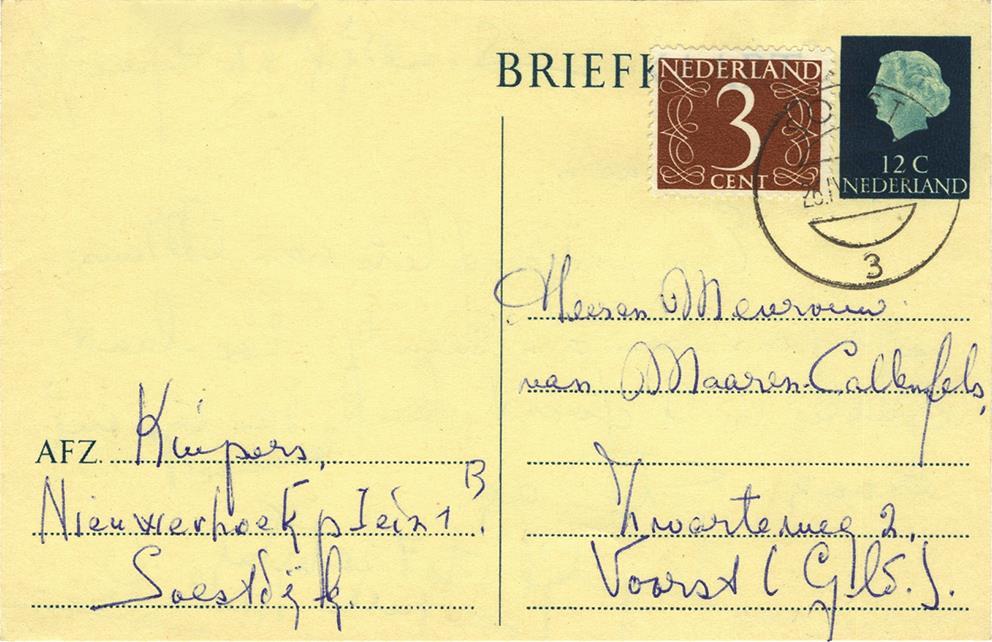 Op 1 februari 1967 werd het tarief voor binnenlandse briefkaarten verhoogd van 12 naar 15