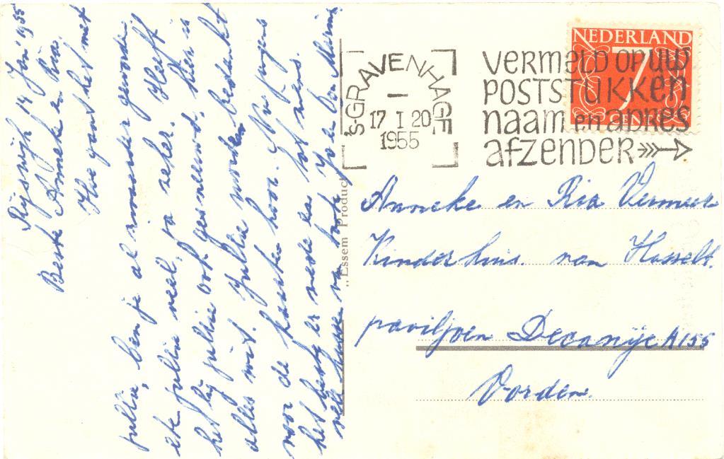 Deze briefkaart werd lokaal verzonden op 7 november 1955 binnen Alphen aan