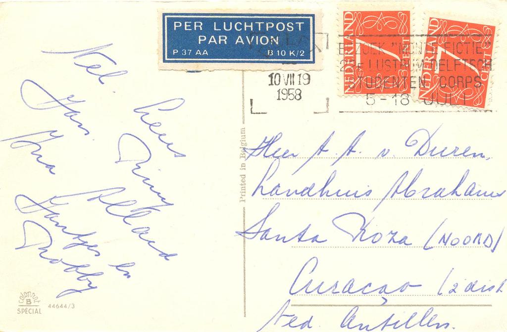 Prentkaart verzonden naar de Nederlandse Antillen op 10 augustus 1958.
