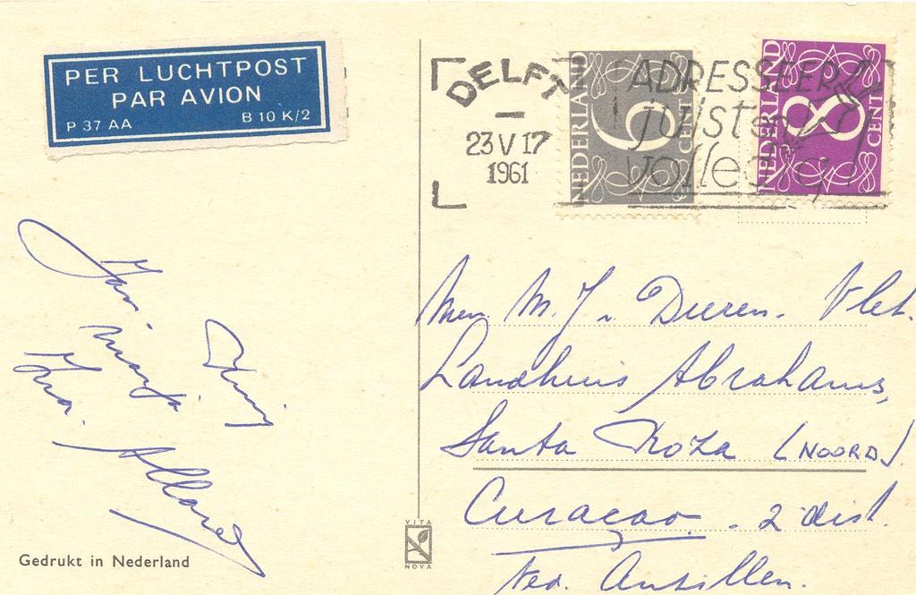 Prentkaart verzonden naar de Nederlandse Antillen op 23 mei 1961.
