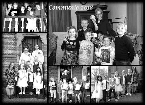 Communie 2018 Afgelopen zondag, 15 april, kwamen Daan, Gabriëlle, Jelle, Thomas, Tim en Uraixa samen met hun familie en vrienden naar de prachtige,door de ouders, versierde kerk om voor de eerste