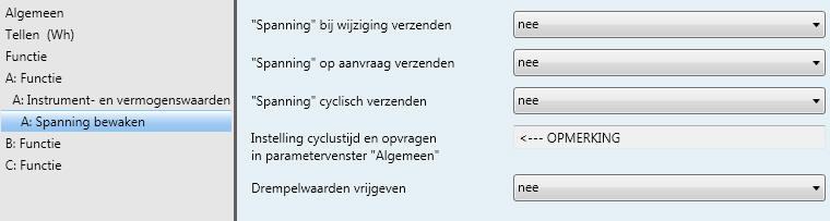 3.2.4.2.3 Parametervenster A: Spanning bewaken In parametervenster A: Spanning bewaken worden parameters en communicatieobjecten voor de registratie en bewaking van de spanning van uitgang A