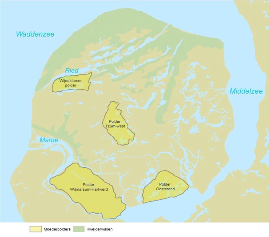 De moederpolders De oudste dijken van Westergo ontstonden in een kwelderlandschap dat aan de noordzijde werd begrensd door de Riedslenk. De Marne vormde de zuidelijke grens.