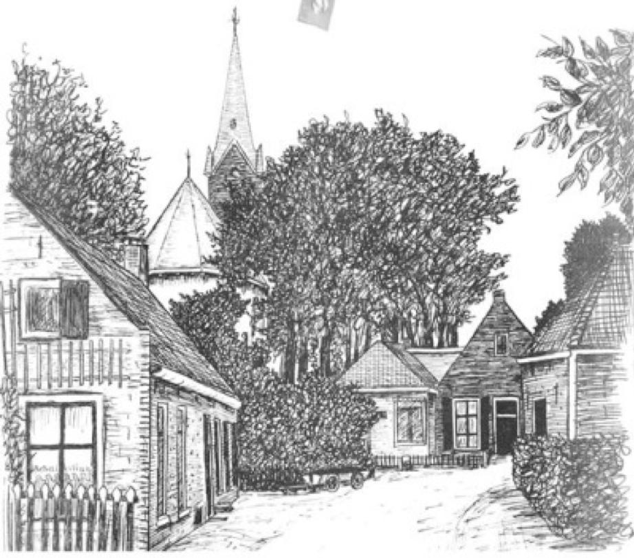 Tekening van Ids Wiersma. Links staat de bakkerswoning afgebeeld. In het midden is het winkeltje te zien.