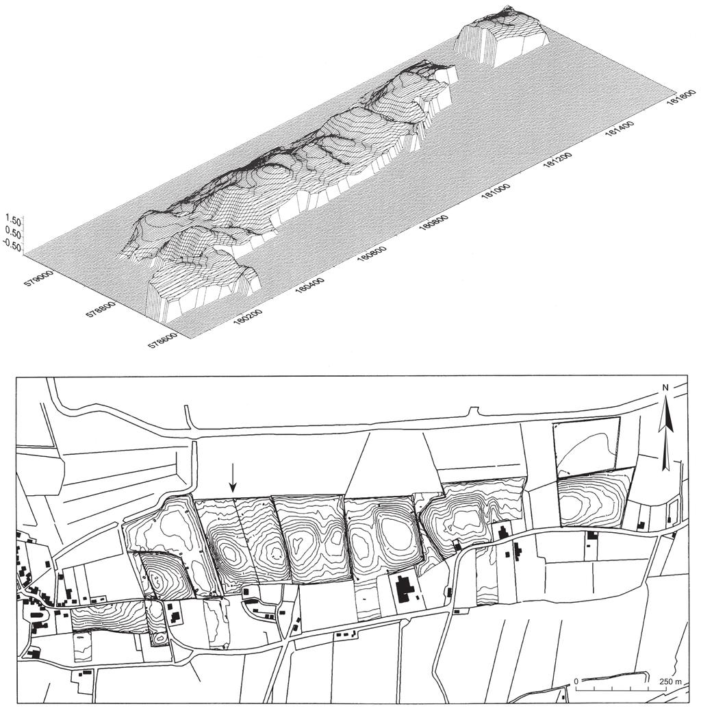 Wijnaldum: koningsterp aan de Ried 9 Fig. 8 Hoogtekaart van de terp Tjitsma waarop de beide koppen goed herkenbaar zijn. Naar De Langen et al. 1997, fig. 35.