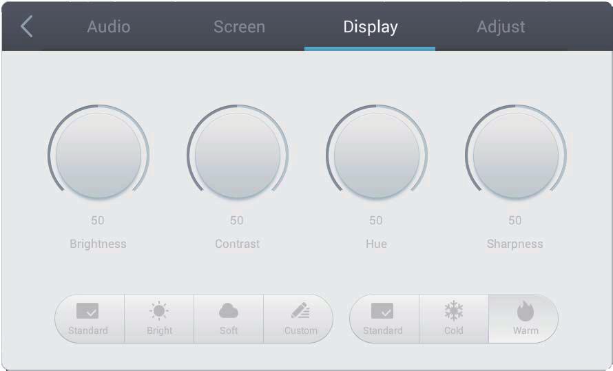 Beeldscherm Instellingen Display setting Audio Scherm Beeldscherm VGA aanpassen 50 50 50 50 Helderheid Contrast Hue Scherpte Standaard Helder Zacht Gebruikers Standaard Cold Warm Aanpassingsitem