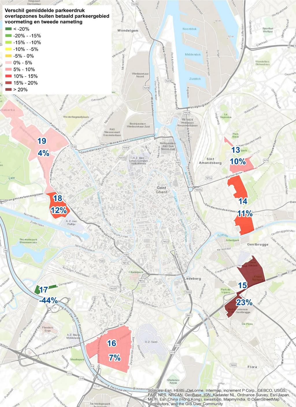 Figuur 2.4 Gemiddelde parkeerdruk per niet-betalende zone, verschil tussen voor- en nameting Meer gedetailleerde informatie kan worden teruggevonden in onderstaande Tabel 2.6.