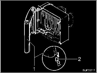 Inbouwapparatuur 10 Afb. 115 Behuizing van de verwarming, houderlussen Behuizing van de verwarming monteren. Daarvoor behuizing (Afb. 115,1) op de onderste houderlussen (Afb. 115,2) zetten.