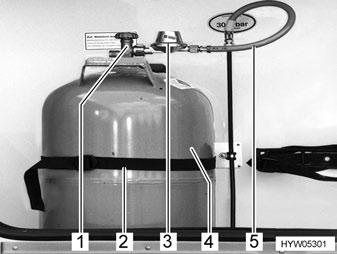 8 Gasinstallatie Afb. 90 Gaskast Serviceluik voor gaskast openen (zie hoofdstuk 7). Hoofdafsluitkraan (Afb. 90,1) op de gasfles (Afb. 90,4) sluiten. Let op de richting van de pijl.