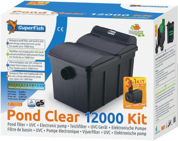 SuperFish Pond Clear 6000 Kit 3-in-1 filterset bestaande uit biologisch vijverfilter met UVC en een zeer zuinige elektronische 14 Watt vijverpomp met een pompcapaciteit van 3.500 liter per uur.