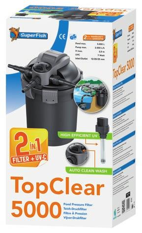 De TopClear 5000 en 10000 zijn ook verkrijgbaar als 3-in-1 kit met een bijpassende Pond-Flow