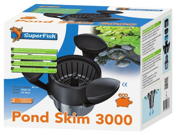 200 L/h 4,1 m 25/32/40 mm 175 Watt SuperFish Pond Skim De SuperFish vijverskimmer drijft in de vijver en zuigt vuil, zoals bladeren, stof en