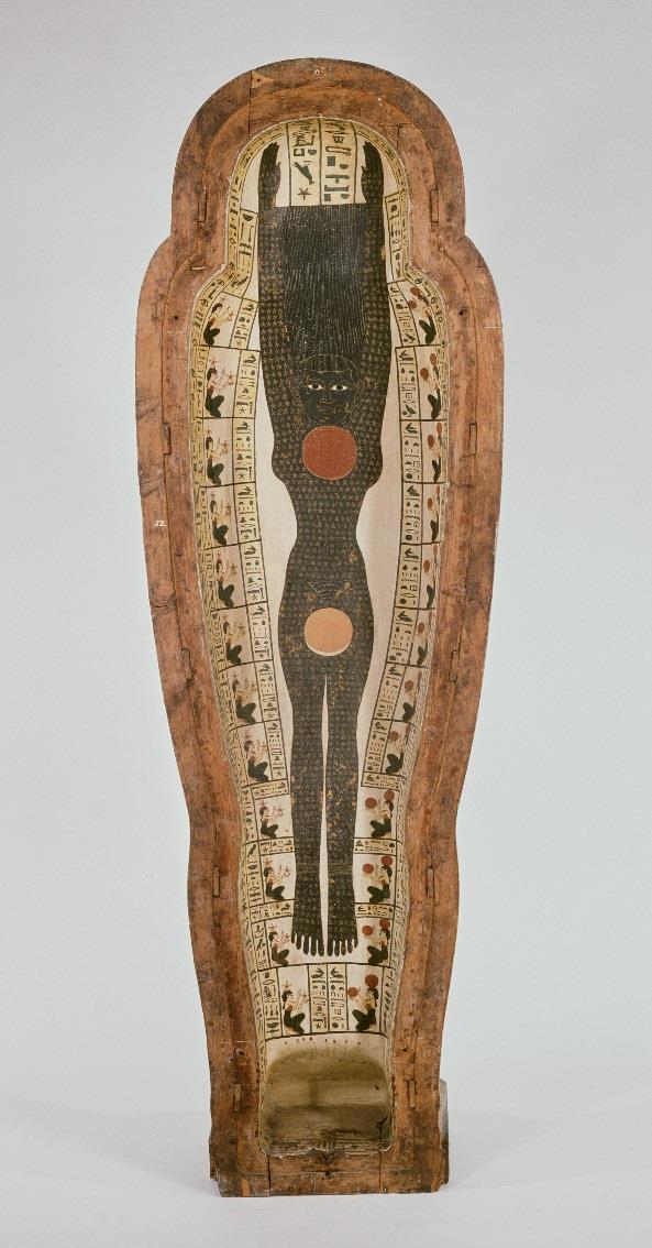 Mummiekist van Peftjaoeneith Hout; h. 240 cm.; Late Periode, 26e Dynastie (664-525 v.chr.) In het deksel van deze mummiekist staat de hemelgodin Noet afgebeeld in haar nachtelijke aspect.