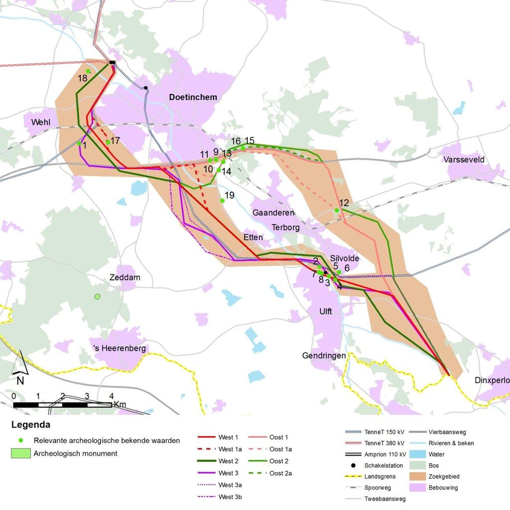 Afbeelding 14 geeft de alternatieven ten opzichte van de relevante bekende archeologische waarden