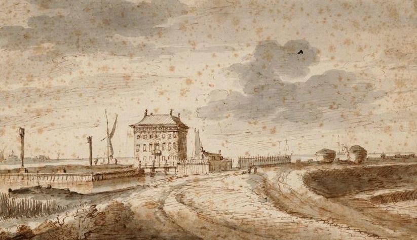4 De versterking Zeeburg gezien vanaf de Zeeburgerdijk richting IJ kort voor de sloop in 1669 (Stadsarchief Amsterdam) Het was een vierkant bakstenen bouwwerk met drie bouwlagen dat kon worden