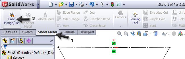 22 Klik in de CommandManager op Smart Dimensions. Plaats de maten zoals hiernaast te zien is. 23 1. Klik in de Command- Manager op Sheet Metal 2.