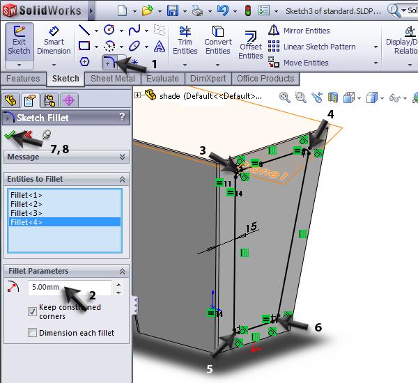 126 1. Klik in de Command- Manager op Sketch Fillet 2. Stel in de PropertyManager de radius in op 5mm 3-6.