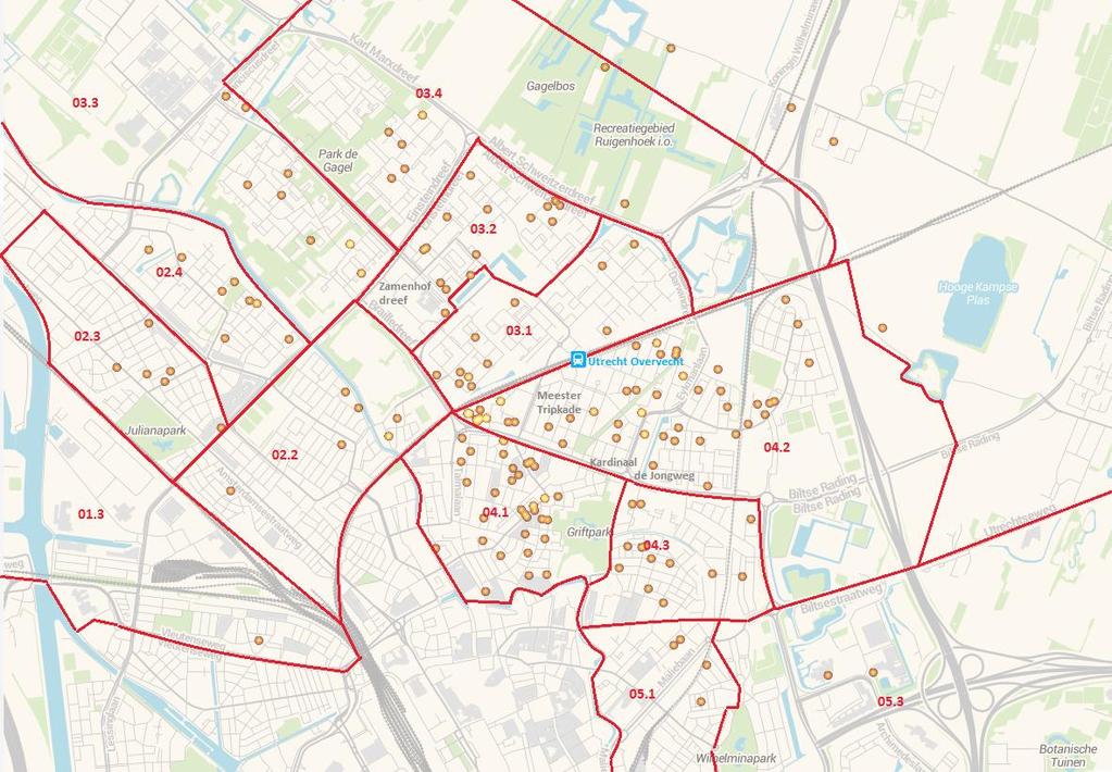 Bijlage 3: Kaart herkomst fietsparkeerders station Utrecht Overvecht Legenda K4 K3 K2 : scheidingslijn kwadranten langs de Zamenhofdreef en Kardinaal de jongweg, de tweede scheidingslijn loopt langs