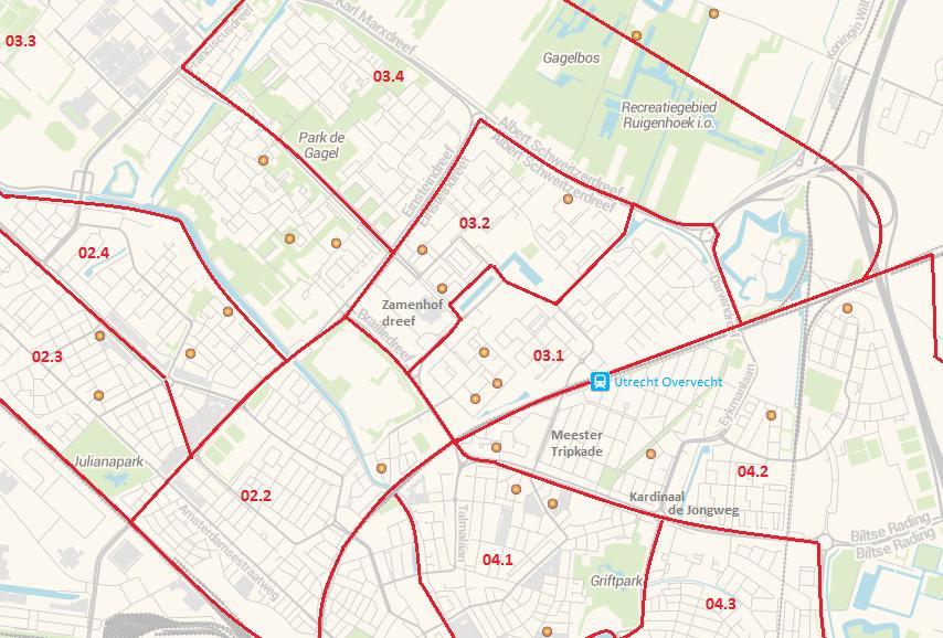 Figuur 3 Herkomst fietsparkeerders Bewaakte fietsenstalling K4 K3 Legenda : scheidingslijn kwadranten langs de Zamenhofdreef en Kardinaal de jongweg, de tweede scheidingslijn loopt langs het spoor K