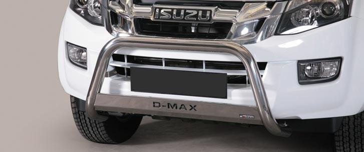PUSH BAR STAINLESS STEEL (met Dmax logo) Deze stalen bull bar met D-Max logo heeft een diameter van 73mm en geeft uw wagen een stoere offroad look.