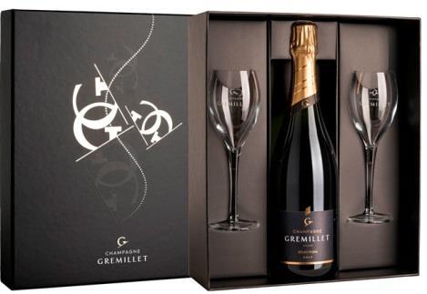 Champagne Gremillet in luxe doos met 2 glazen Nieuw van Champagne Gremillet is de luxe geschenkdoos met 2 glazen.