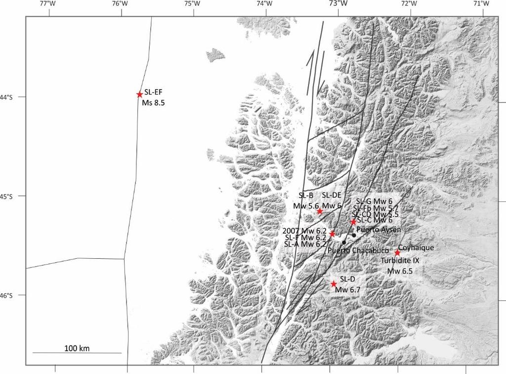 Figuur 4: Mogelijke epicentrumlocaties (rode sterren) van de verschillende aardbevingen die werden teruggevonden in de fjord met aanduidingen van de geschatte magnitude (Mw voor momentmagnitude, Ms