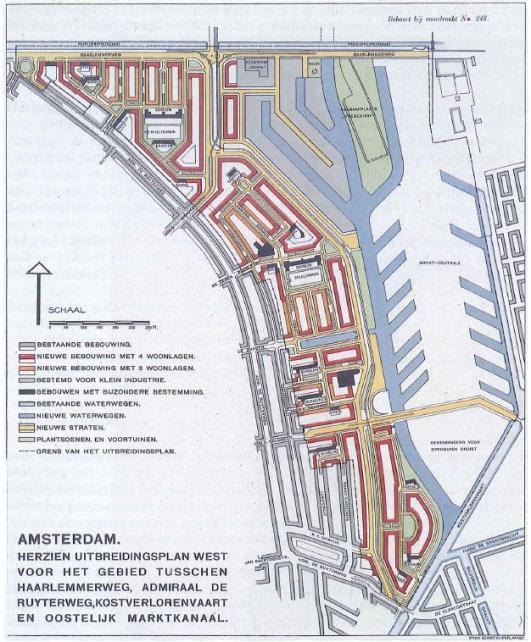 Plan Landlust, 1931 Links Geuzenkade, gezien vanaf de Reigersbergerstraat aan de overzijde van de Kostverlorenvaart, 1990 (SAA: 010122006735) en rechts flatgebouw Oranjehof (SAA: