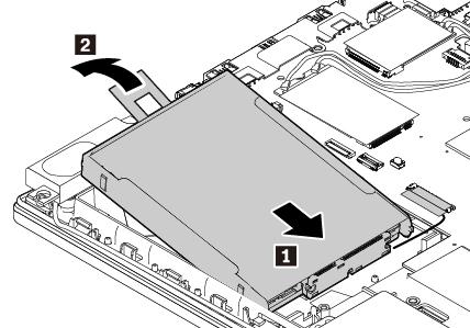 4. Als de kabel van het M.2 SSD-station is ontkoppeld, sluit u de kabel aan op de converter van het M.2 SSD-station. 5. Plaats de converter 1 en kantel deze naar beneden 2.
