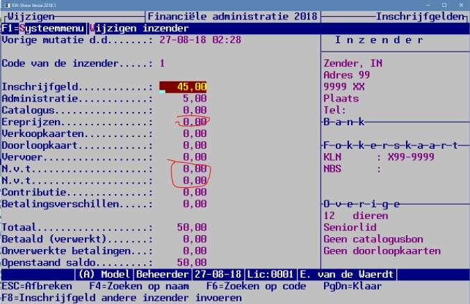 Daarna kunt u bij bladeren inschrijfgelden het totaalbedrag vergelijken met de inschrijfbladen en de ontbrekende bedragen voor ereprijzen, kooien vrije verkoop hier invullen.